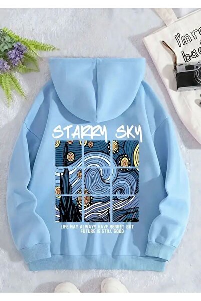 FAYN Van Gogh Yıldızlı Gece Desenli Sırt Baskılı Oversize Basic Unisex Sweatshirt/ Hoodie
