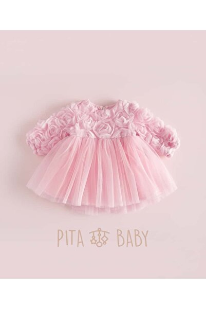 PİTABABY Kız Bebek Pembe Özel Gün Elbisesi – Fiyonk ve Çiçek Detaylı Tüllü Model
