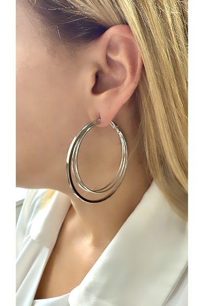 VNS Accessories Üçlü Model Rodyum Kaplama Tasarım Büyük Halka Küpe (6 cm)