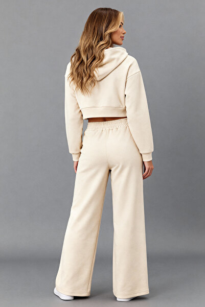 LAPS Real Women's Hooded Basic Crop Wide Leg Sweatpants Set