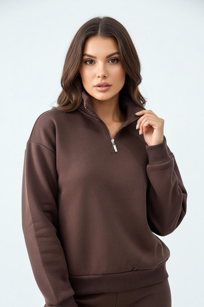 Mogi Butik Γυναικείο φούτερ με 3 κλωστές, με φλις εσωτερικά, με μισό φερμουάρ, oversize 3099