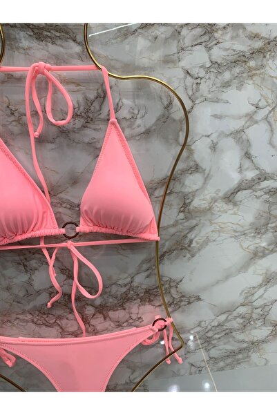 VAJESTO Kadın Pembe Halka Detay String Yandan Ve Boyundan Bağlamalı Şık İpli Tanga Likralı Bikini Takım