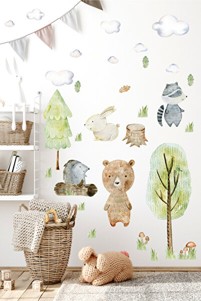 Sticker Sepetim Watercolor Themed Forest Animals Trees and Clouds Children's ...