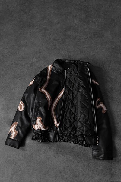 Slatra Чоловіча чорна шкіряна куртка на блискавці з вишивкою та підкладкою