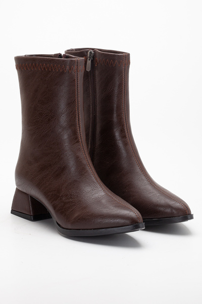 Bilalim Shoes Kadın Kahve Ortadan Dikişli Bot Fermuarlı Kısa Topuklu Günlük Bot 600