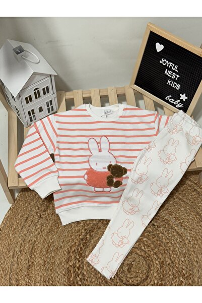 Kids Rabbit Printed Salmon White Color Top and Bottom Set