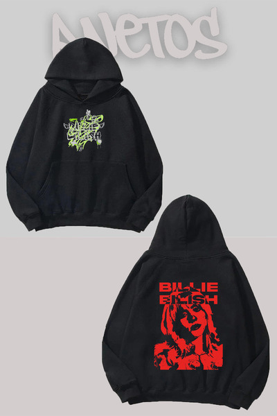 Anetos Billie Eilish 2 Design Negru Față Spate cu imprimeu Swea tricou