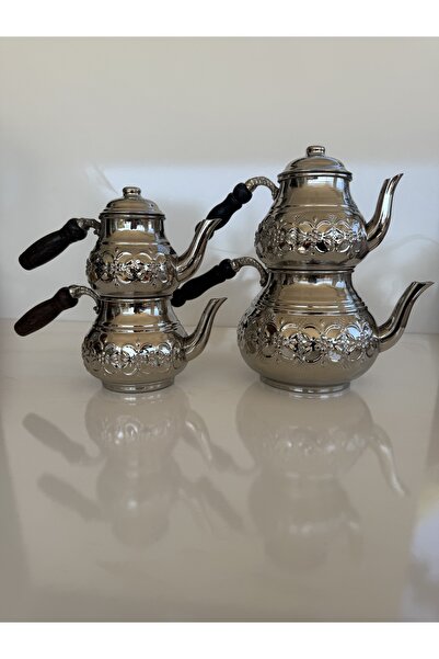 Erişim Bakırhanem طقم إبريق شاي نحاسي مطلي بالنيكل من سيب هوم، صغير ومتوسط الحجم