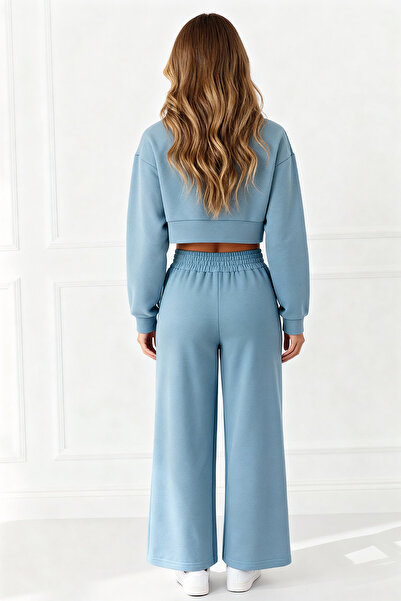 ALİKA Real Women's Hooded Basic Crop Wide Leg Sweatpants Set