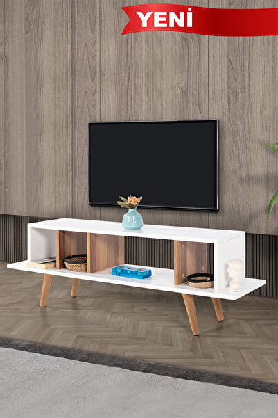 Evmo Home 3348 Tire 130 Cm ( AHŞAP AYAKLI ) TV Ünitesi , Söğüt - Beyaz , Tv S...