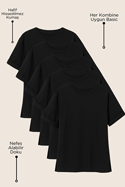 Oyga 5'li Kadın Oversize Yandan Yırtmaçlı Yumuşak Dokulu Viskon T-shirt