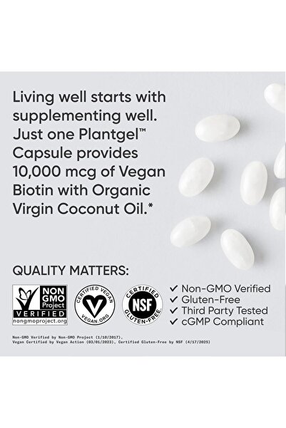 Sports Research ® Biotin 10,000mcg with Organic Coconut Oil - Biotin (Vitamin B7) for Healthy Skin and Hair Support* - for Women and Men - Vegan, Non-GMO, Gluten & Soy-Free - 120 Veggie Softgels