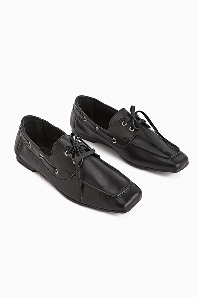 Limoya Arian Genuine Leather Black Lace-Up Moccasin Casual Loafer Women's Shoes