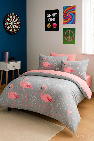 merland benvecocuk Flamingo Patterned Cotton Single Duvet Cover Set