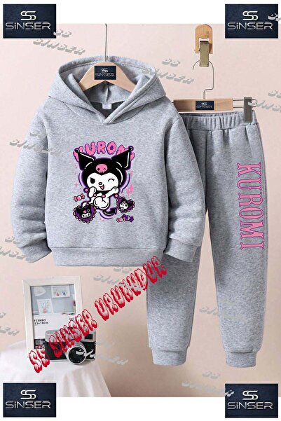 SS SİNSER Çocuk Unısex "KUROMI PEMBE YANLARI KALPLI"Baskılı Kapşolu Eşofman Takımı