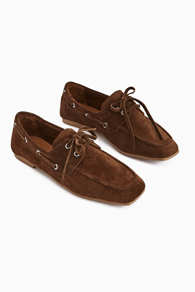 Limoya Arian Genuine Leather Brown Suede Lace-Up Moccasin Casual Loafer Women's Shoes