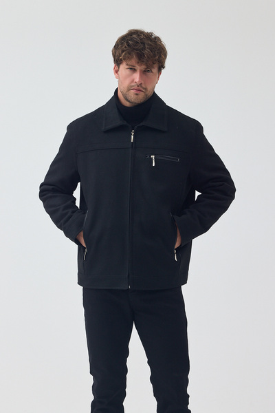 TREND KOMBİN Ανδρικό παλτό με φερμουάρ, καπιτονέ και γούνινο κασετίνι σε μαύρο χρώμα