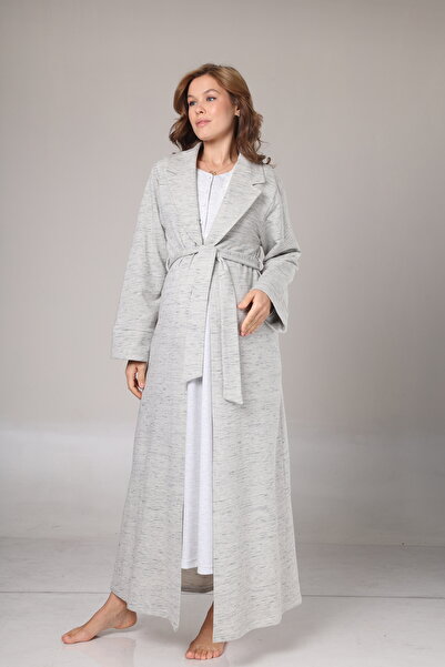 Lohussa طقم ثوب نوم نسائي شتوي طويل الأكمام بتصميم خاص للحوامل باللون الأزرق المخلوط مع ياقة شال