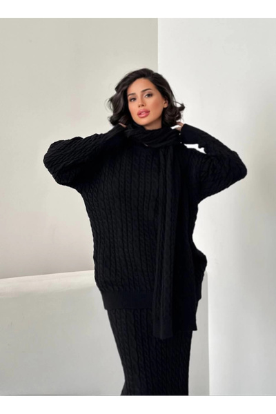 Lusin Women's Black Scarf Hair Braided Skirt Sweater Scarf 3-Piece Set