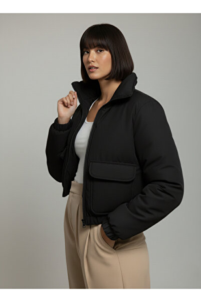 The Mrk Collection Women's Black Double Pocket Zippered Thick Bomber Puffer J...