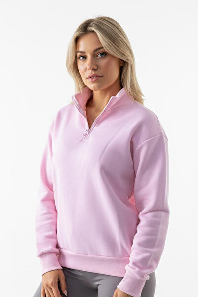 Mogi Butik Kadın 3 İplik İçi Polarlı Yarım Fermuarlı Oversize Sweatshirt 3099