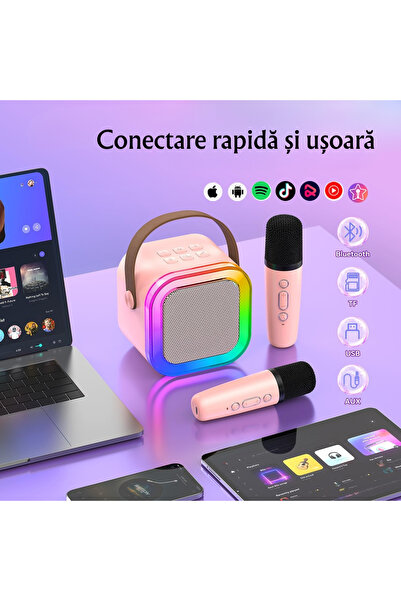 Alansa Set boxa karaoke + doua microfoane Wireless, Bluetooth, USB, efecte vocale, portabil, roz