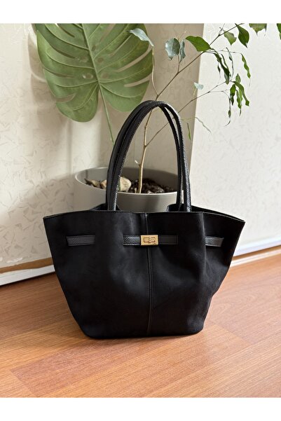 Bagnest Geantă de umăr pentru femei din piele intoarsa cu detaliu de blocare pe fata