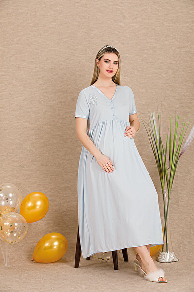 MOPİ Düğmeli V Yaka ve Dantel Gül Detaylı Kısa Kollu Hamile&Lohusa Gecelik Elbise