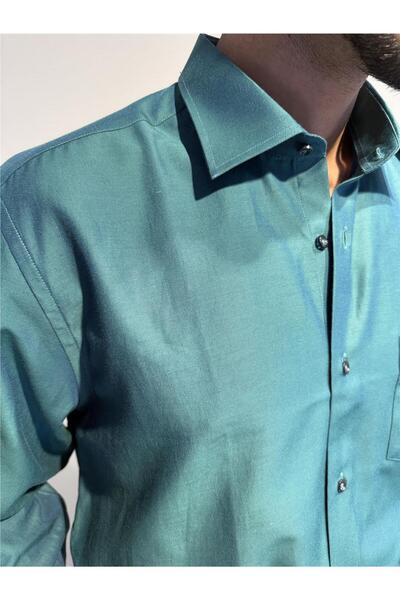 MDZ COLLECTION Zümrüt Yeşili Parlak Cep Detaylı Uzun Kollu Slim Fit Erkek Gömlek
