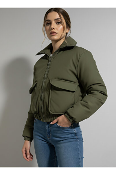 The Mrk Collection Women's Khaki Double Pocket Zippered Thick Bomber Puffer J...