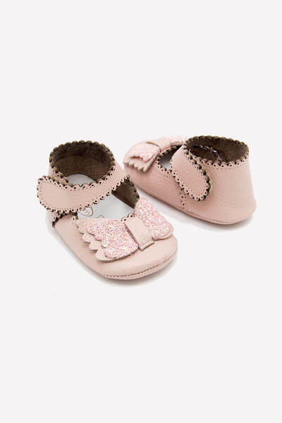 Beybium Baby Girl Velcro Genuine Leather Powder Bow Booties Shoes