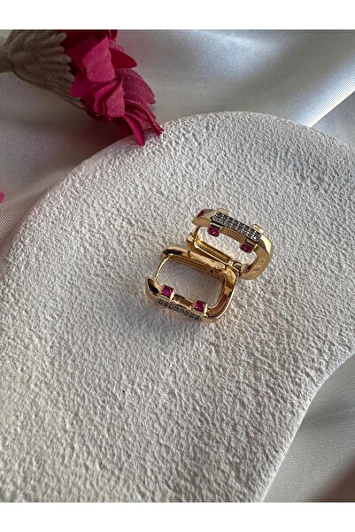 H&S AKSESUAR Zirkon Taşlı Yanları Fuşya Detaylı Altın Kaplama Leyla Küpe