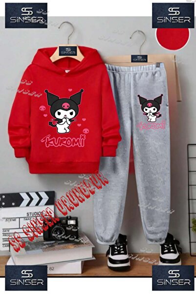 SS SİNSER Çocuk Unısex "KUROMI TEKLI ELLER AGIZDA"Baskılı Kapşolu Eşofman Takımı