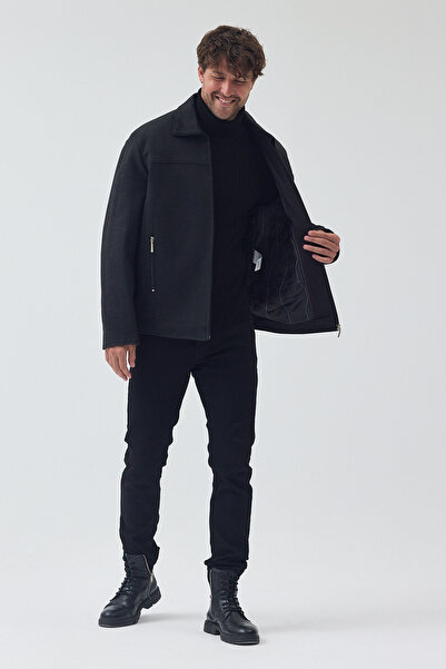 TREND KOMBİN Ανδρικό παλτό με φερμουάρ και καπιτονέ και γούνινο κασετίνι σε χρώμα ανθρακί