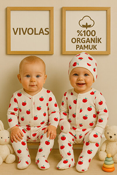 Vivolas Rose Patterned Romper and 3-Piece Newborn Set - (with Gloves, Booties, Hat) 0-3 Months