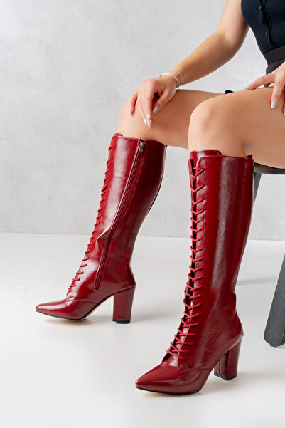 SEEM & BE Matilda Kadın Bağcıklı Fermuarlı Kalın Topuklu Rugan Bordo Çizme