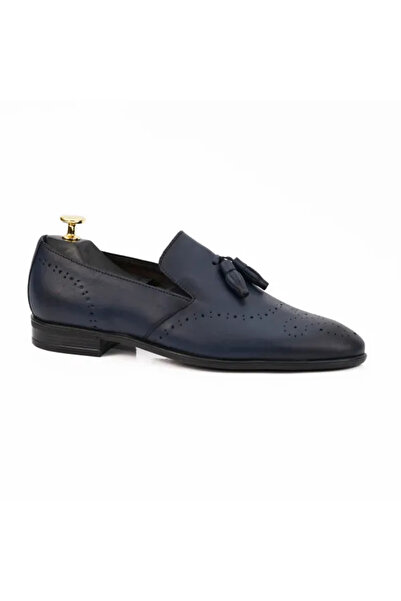 Piello Genuine leather loafers with perforated details and decorative tassels, Blue