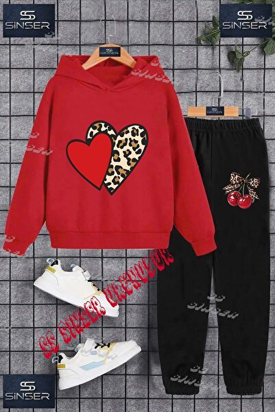 SS SİNSER Children's Unisex "Heart 2-Piece Red Leopard Patterned Special Prin...