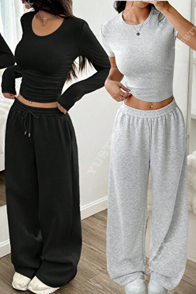 KİNNEAS 2 bucăți Pantaloni de damă negri + gri, mărime mare, largi, cu croial...