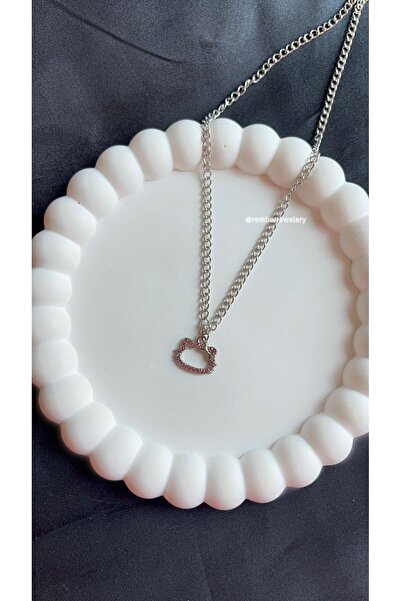 REMBER JEW Cat Zircon Pink Stone Y2K Silver Necklace