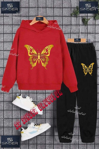 SS SİNSER Children's Unisex "Butterfly Gold Color" Special Printed Hooded Tra...