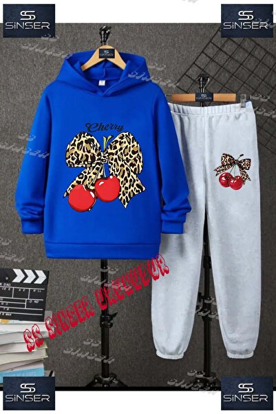 SS SİNSER Çocuk Unısex "KIRAZ LEOPAR KURDALE CHERRY YAZI" Özel Baskılı Kapşolu Eşofman Takımı