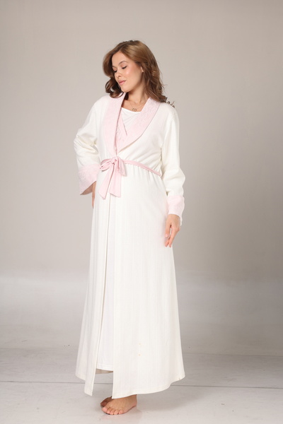 Lohussa Kadın Pudra Şal Yaka Jakarlı Tam Boy Kışlık Uzun Kol Özel Tasarım Lohusa Hamile Sabahlık GecelikSeti