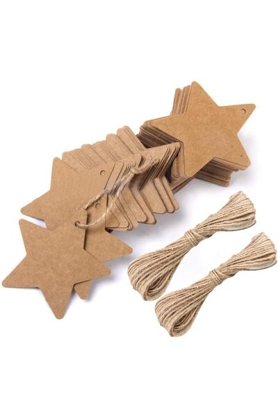naturevo 100 Adet Yıldız Şekilli 300 gr Karton Etiket + 20 m Jüt İp – Kraft Yazılabilir Kartlar