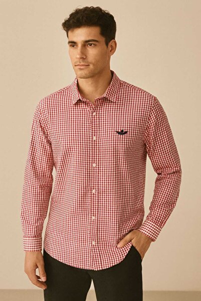 UTTBASİC Erkek Kareli Slim Fit Kırmızı Beyaz Çizgili Gömlek