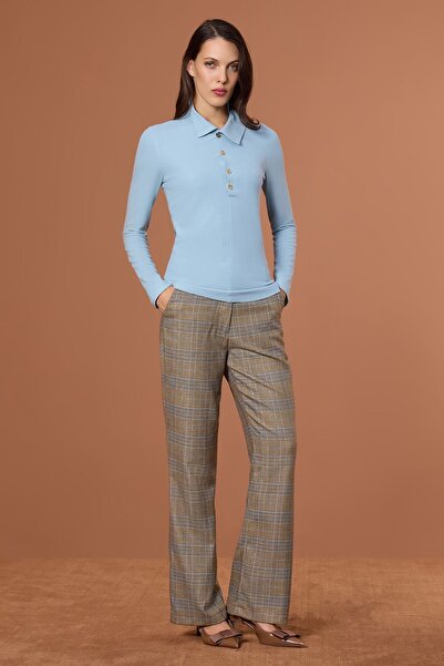 UPGRADE Boğazlı Örme Fit Bluz Mavi