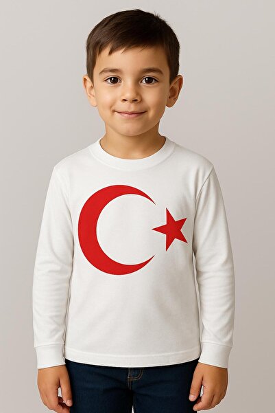 BAGİSTA BUTİK Unisex Children's White Crescent and Star Printed Long Sleeve T...