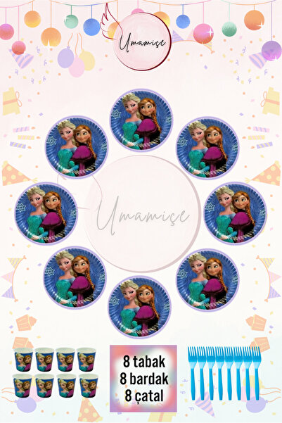 Umamiçe Frozen Elsa Temalı Tabak, Bardak ve Çatal Seti – 8 Adet Tabak + 8 Ade...