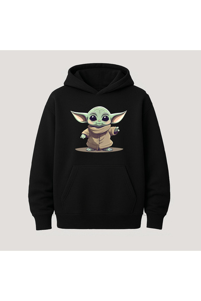 SVART WEAR Baby Yoda Baskılı Kanguru Cepli Pamuklu Kapüşonlu Uzun Kollu Hoodi...