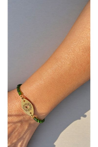 Bensei Takı Dükkanı Bensei Vintage Steel Accessories, Green Glass Beads, Steel Chain and Bracelet with Lock
